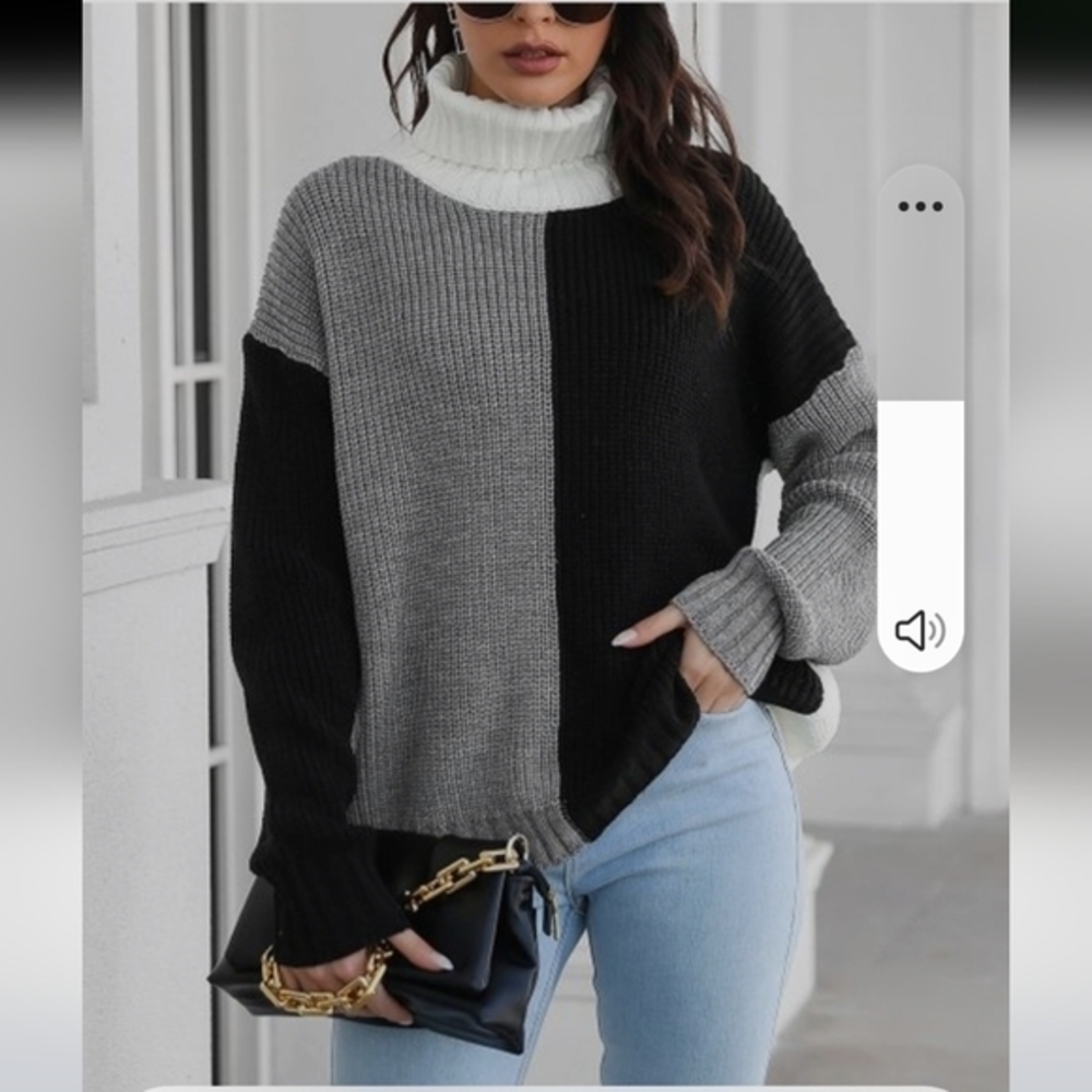 C. CLINE BLACK WHITE COLOR BLOCK CHUNKY KNIT TURTLENECK‎ SWEATER NWT SIZE S